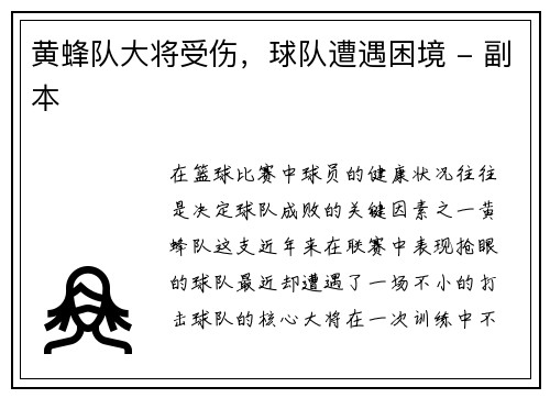 黄蜂队大将受伤，球队遭遇困境 - 副本