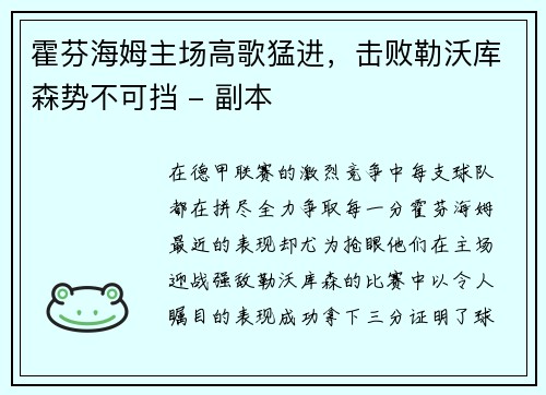 霍芬海姆主场高歌猛进，击败勒沃库森势不可挡 - 副本
