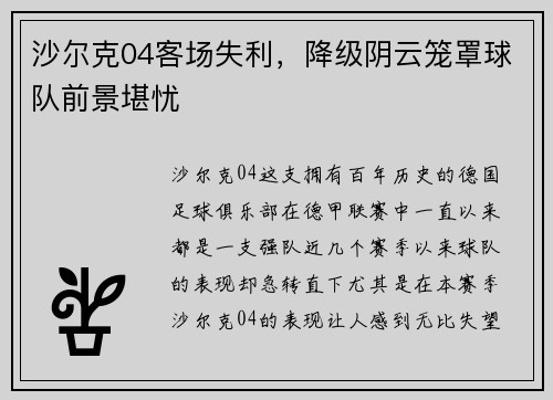 沙尔克04客场失利，降级阴云笼罩球队前景堪忧
