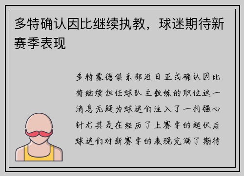 多特确认因比继续执教，球迷期待新赛季表现