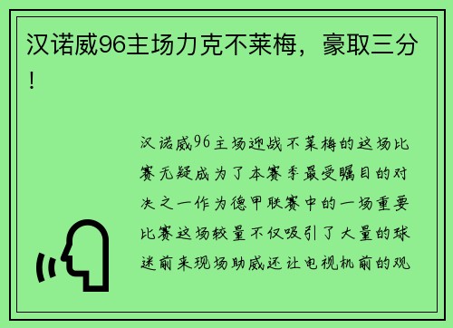 汉诺威96主场力克不莱梅，豪取三分！