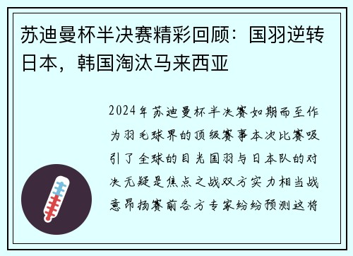 苏迪曼杯半决赛精彩回顾：国羽逆转日本，韩国淘汰马来西亚