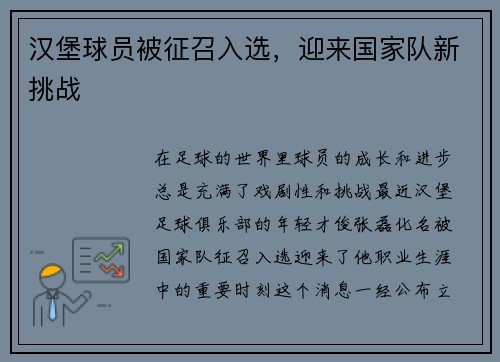 汉堡球员被征召入选，迎来国家队新挑战