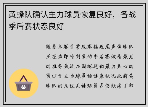 黄蜂队确认主力球员恢复良好，备战季后赛状态良好