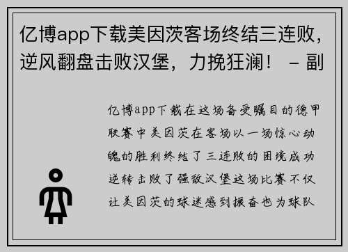 亿博app下载美因茨客场终结三连败，逆风翻盘击败汉堡，力挽狂澜！ - 副本