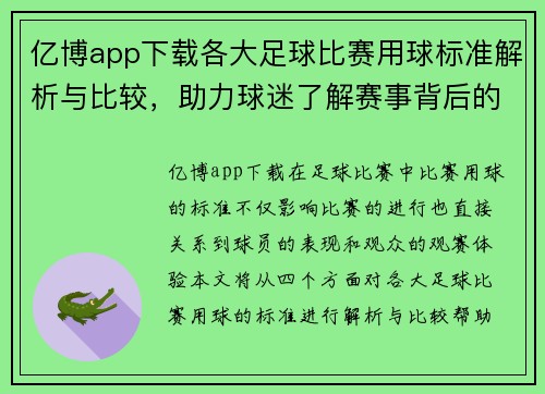 亿博app下载各大足球比赛用球标准解析与比较，助力球迷了解赛事背后的细节
